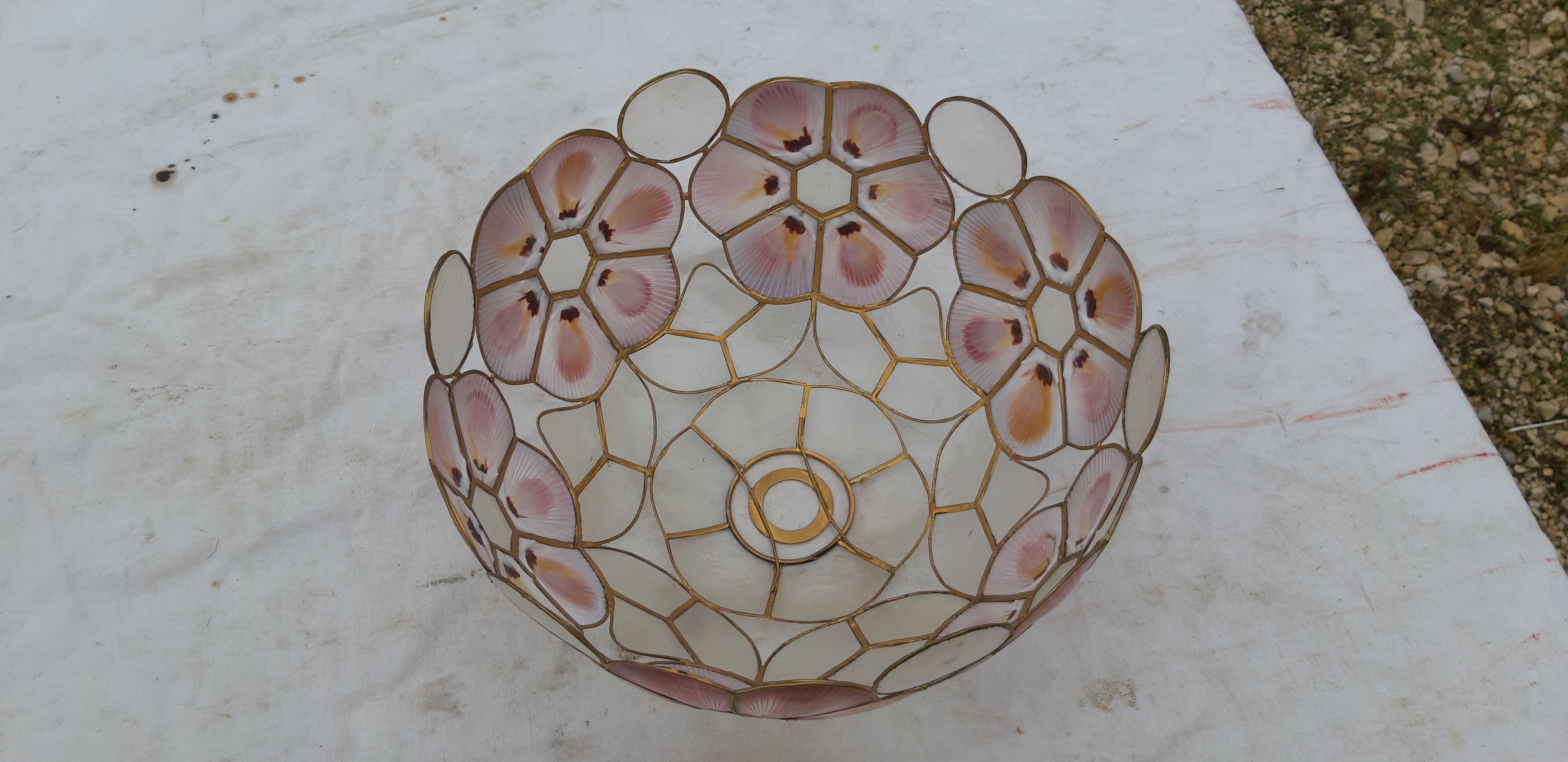 Pair of vintage pendant lamps in brass mother-of-pearl and shells