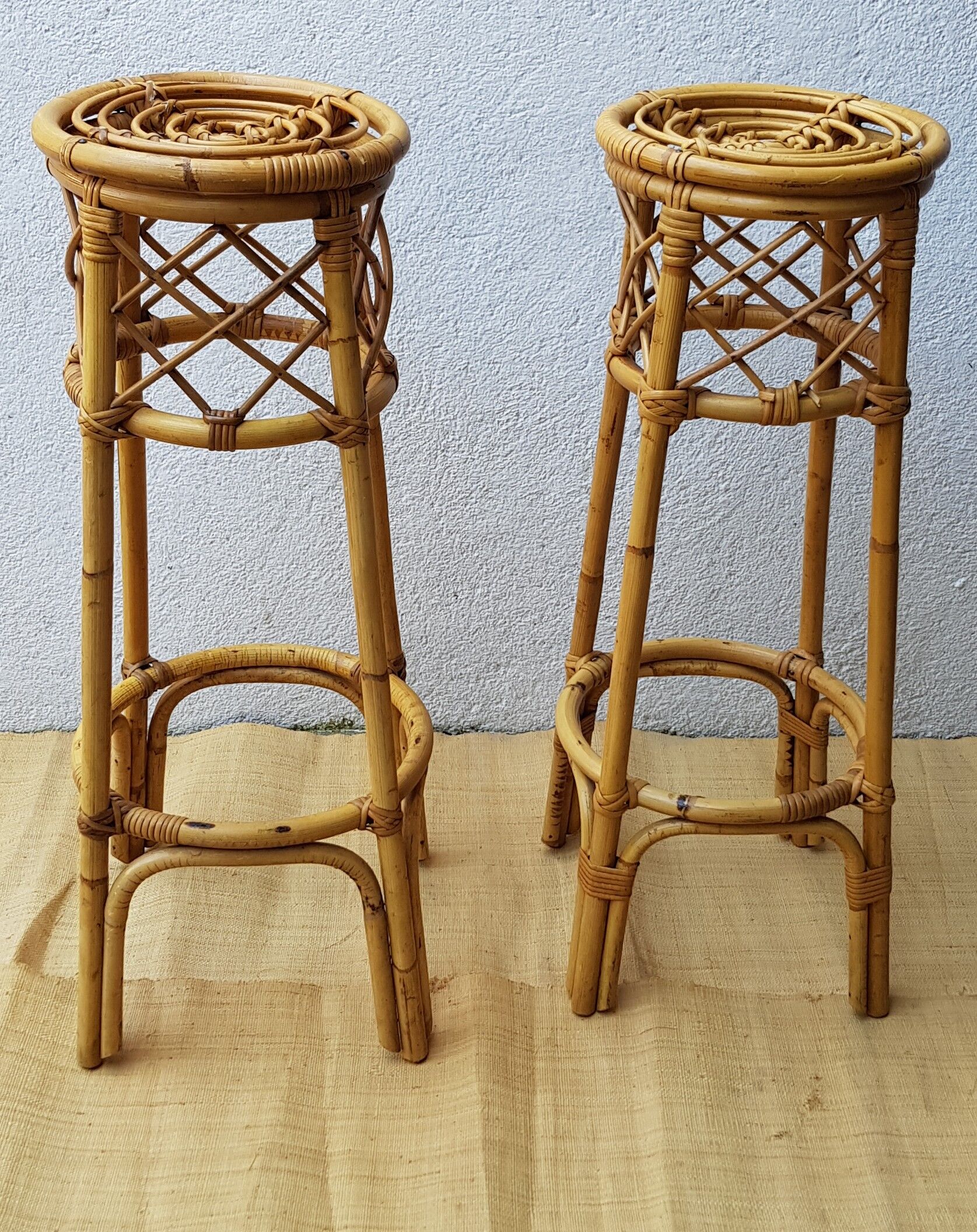 60's rattan stools pair