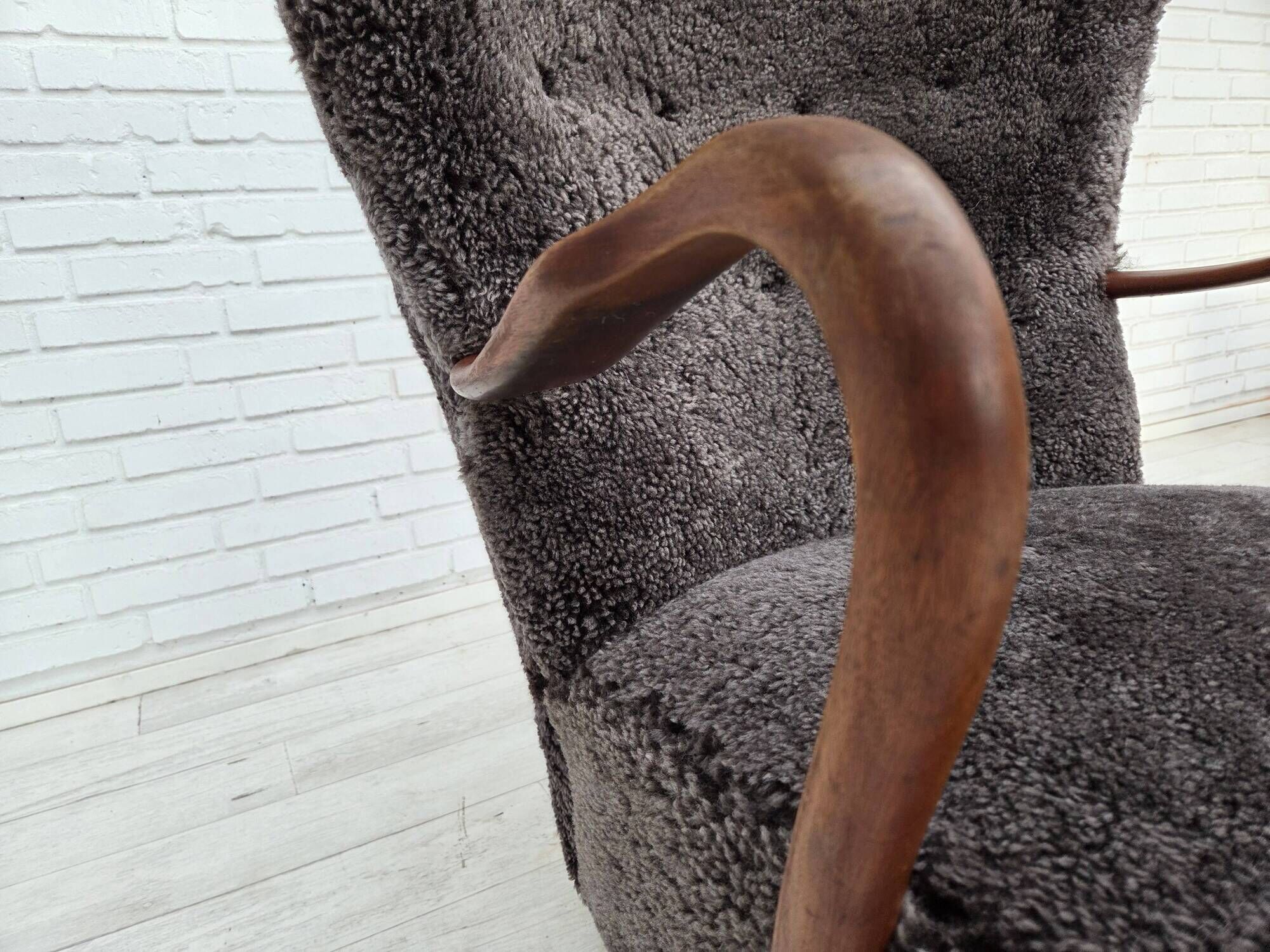 1960s, Danish armchair, reupholstered, genuine sheepskin.