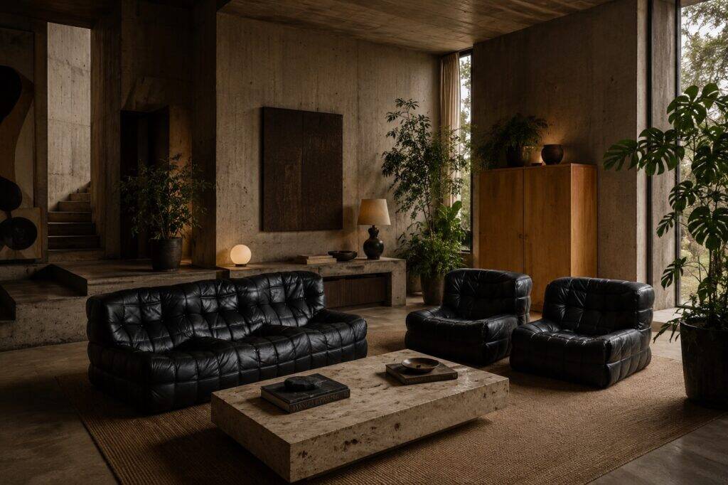Kashima three seater sofa in black leather by Michel Ducaroy for Ligne Roset, 1970s