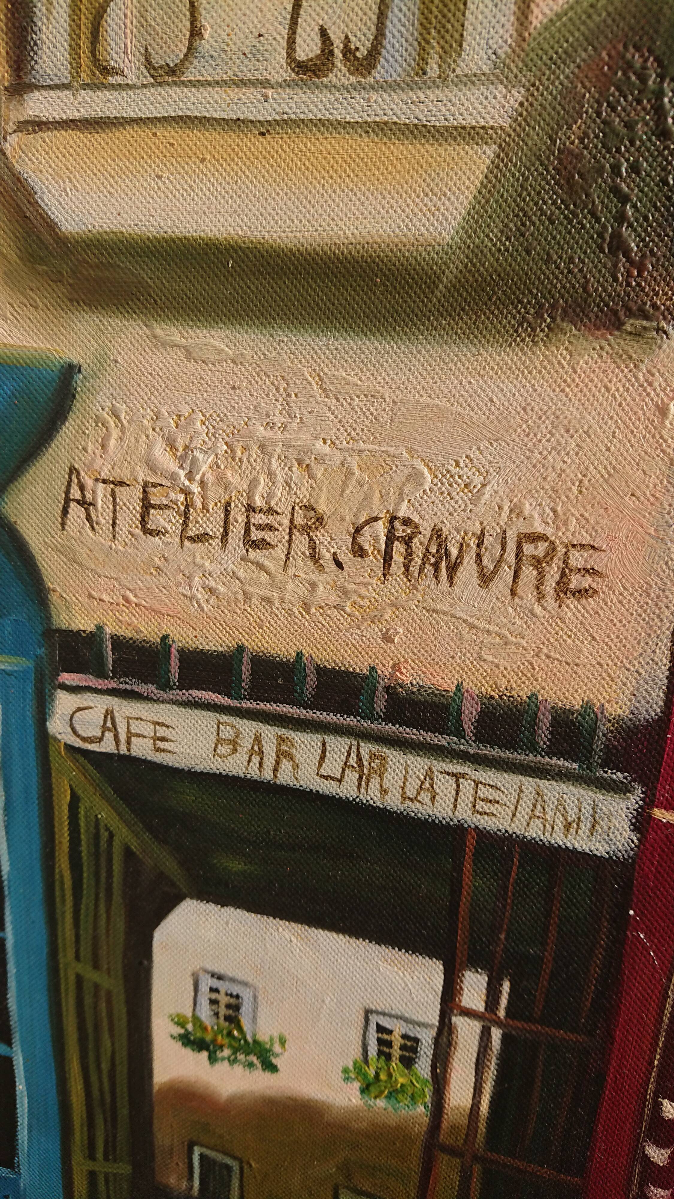 Oil on canvas restaurant storefront, signed À Morin