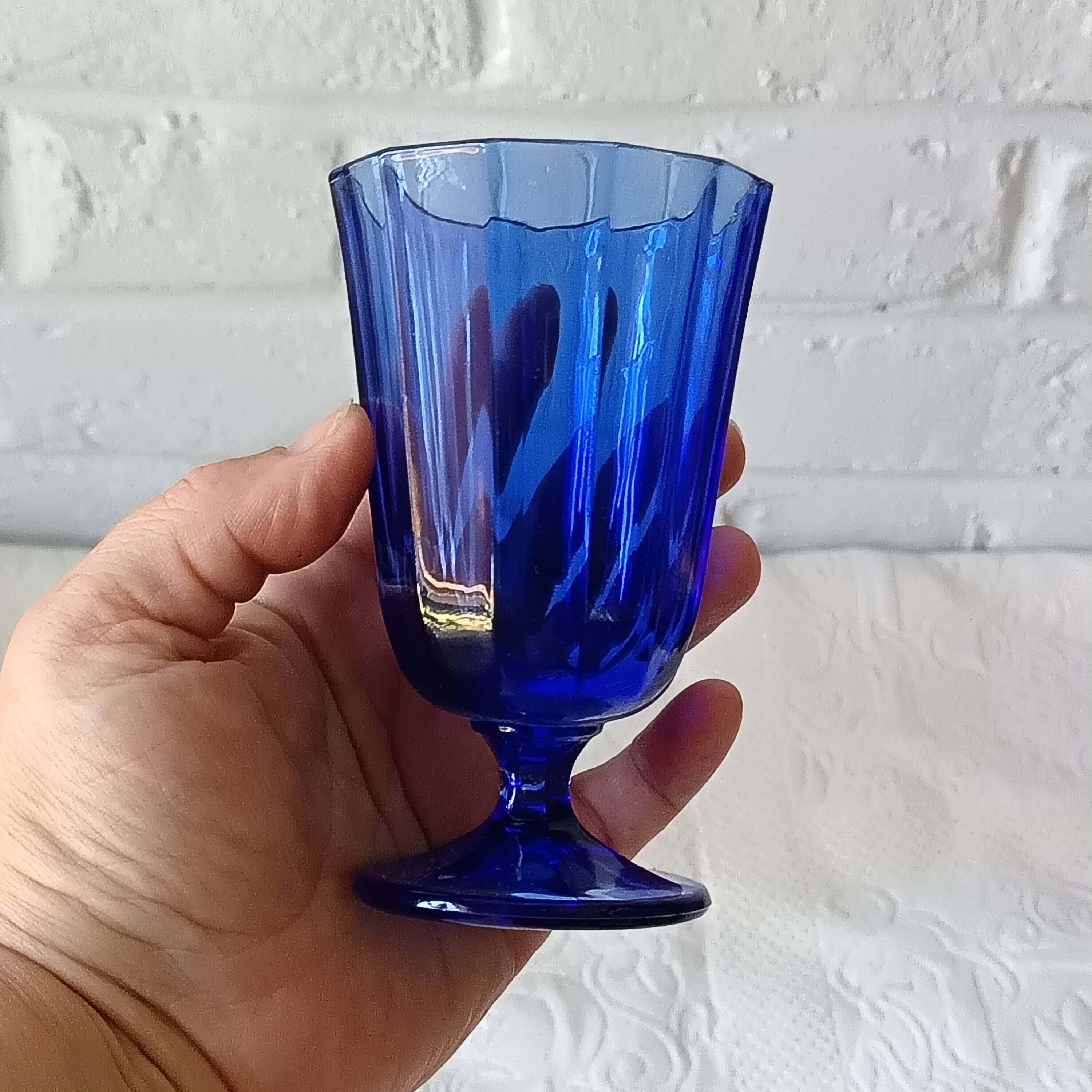 6 vintage footed glasses in cobalt blue coloured glass from Portugal