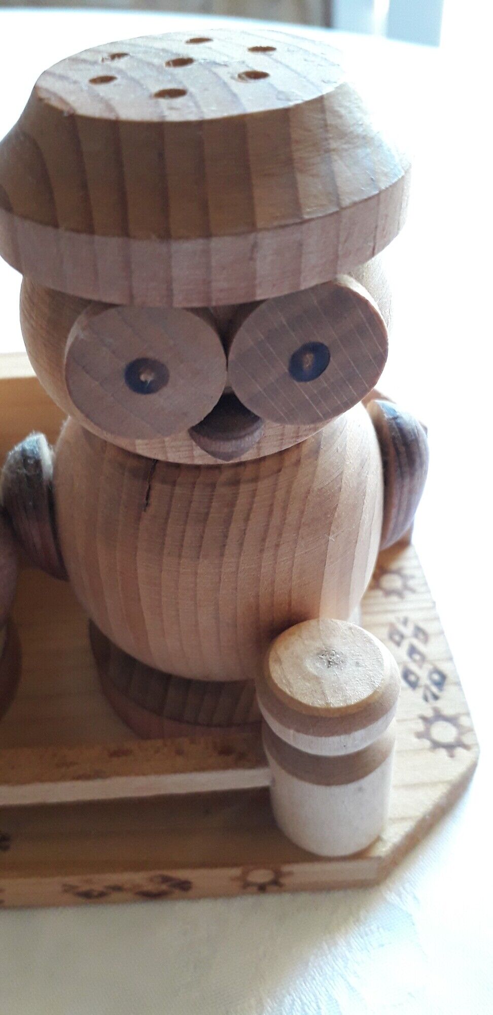 Set of 3 wooden spice pots, salters, owl shape