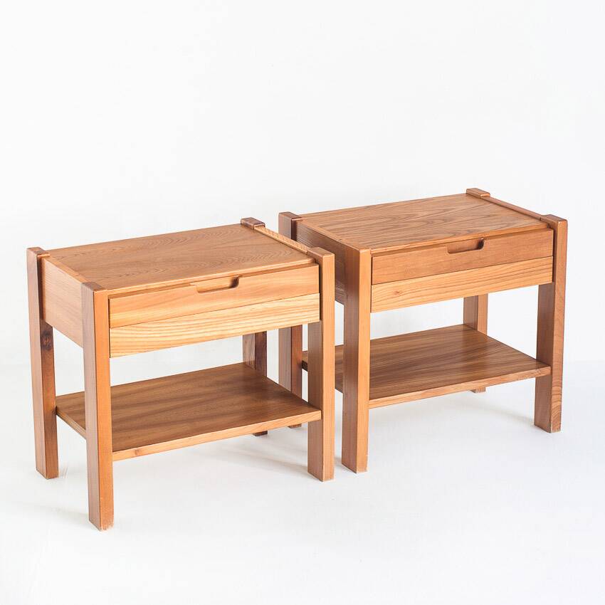 Pair of vintage bedside tables. Elm wood. France, 1970s