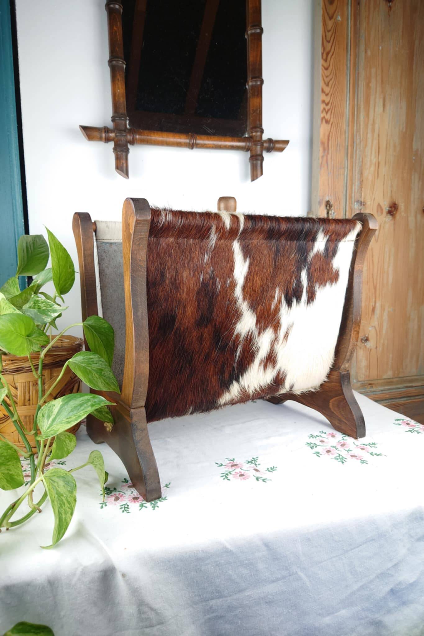 Vintage magazine rack wood and natural leather 37x39.5x26 cm 1.76 kg