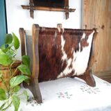 Vintage magazine rack wood and natural leather 37x39.5x26 cm 1.76 kg