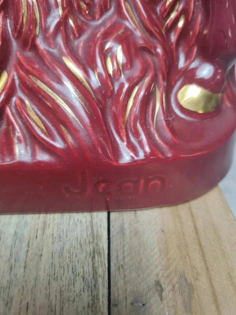 Vintage sculpture of mare and foal signed Jean – red ceramic and gilding.