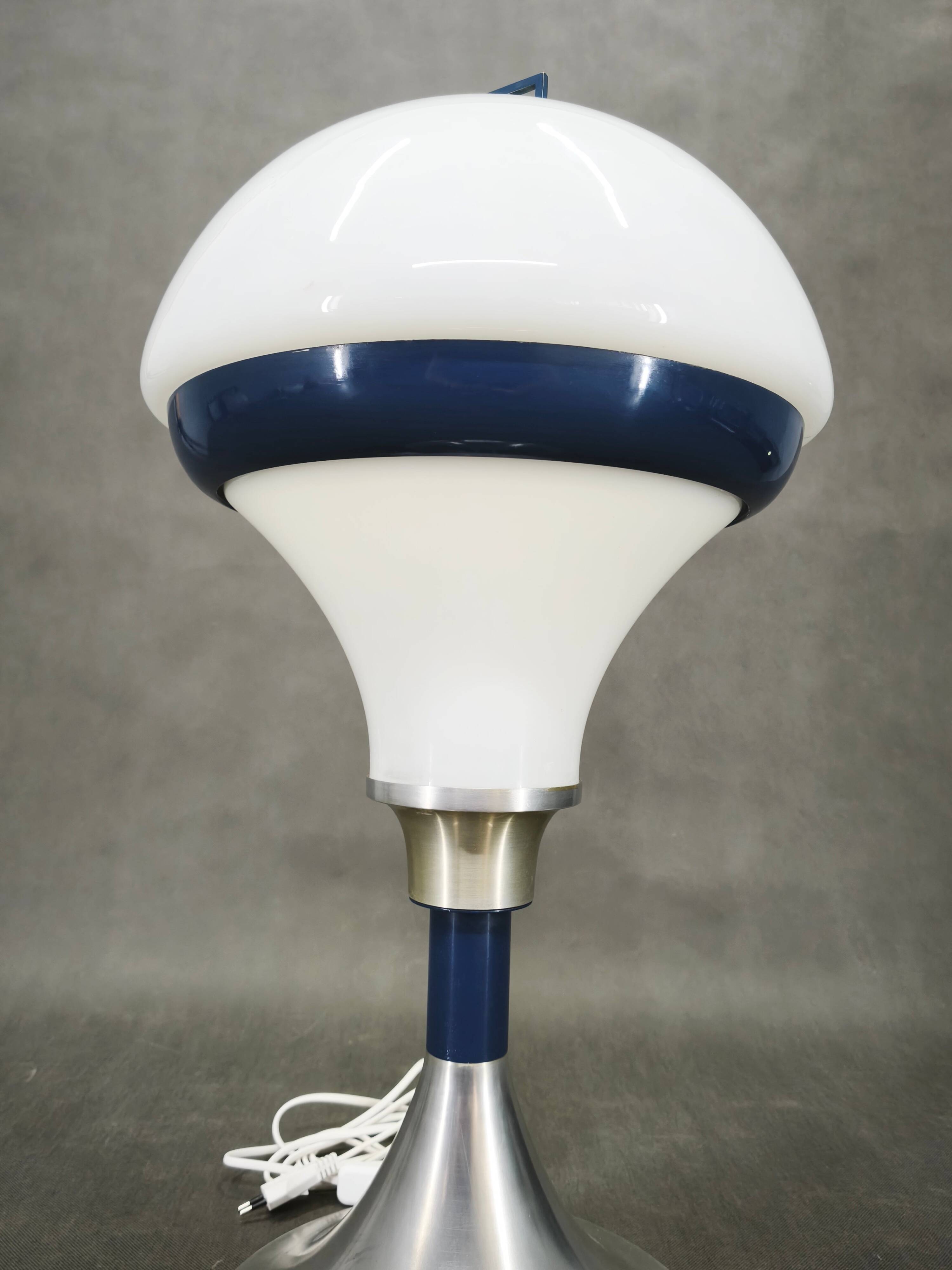 1970s Italian Space Age Opaline Glass and Blue Metal Table Lamp