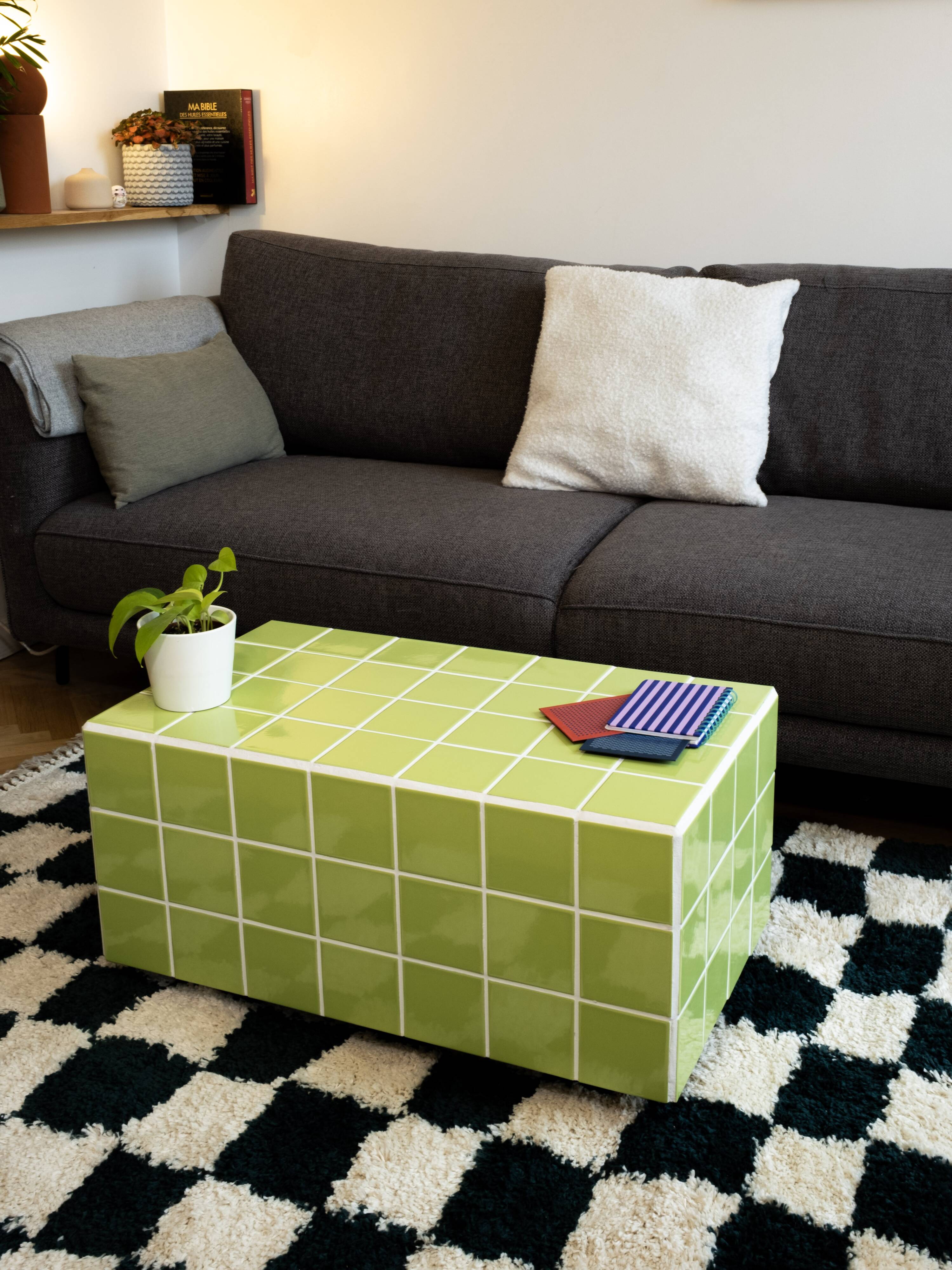 Glossy lime green ceramic tile coffee table Handmade in Paris