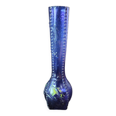 Vase vintage en verre bleu cobalt à décor feuillage