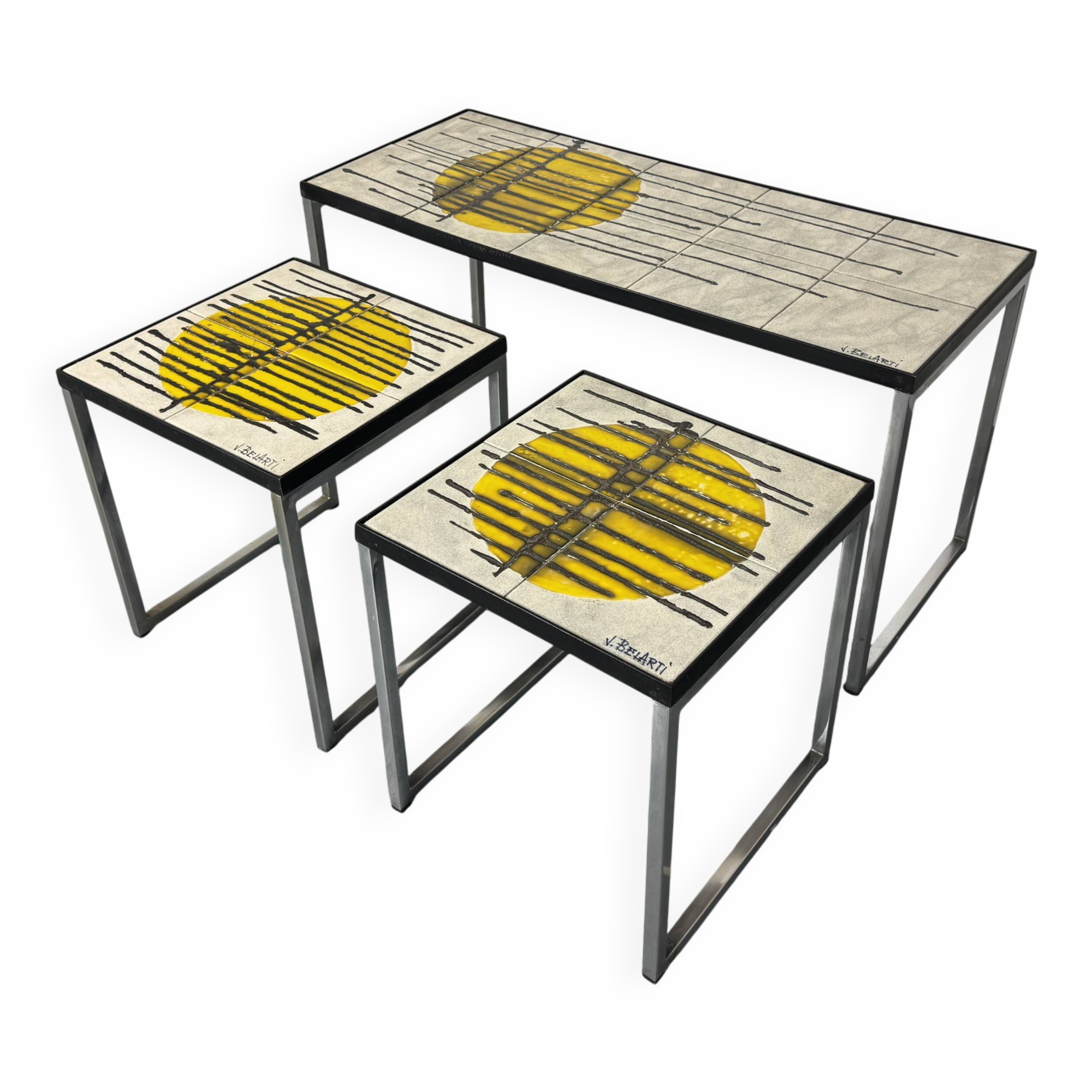 Mid Century Modernist Chrome and ceramic Belarti Coffee Side Table set 1950