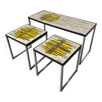 Mid Century Modernist Chrome and ceramic Belarti Coffee Side Table set 1950