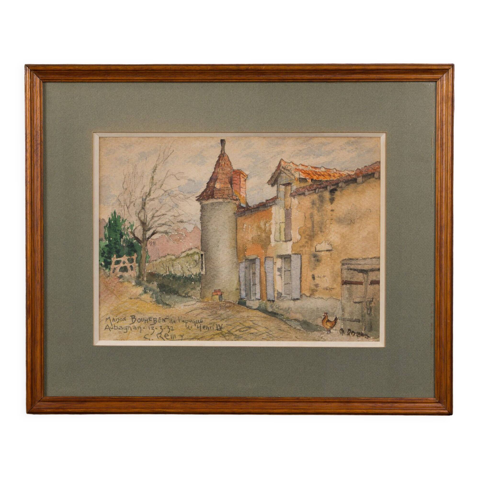 Watercolor on paper Maison Bouheben in Aubagnan by G. Rémy 1932