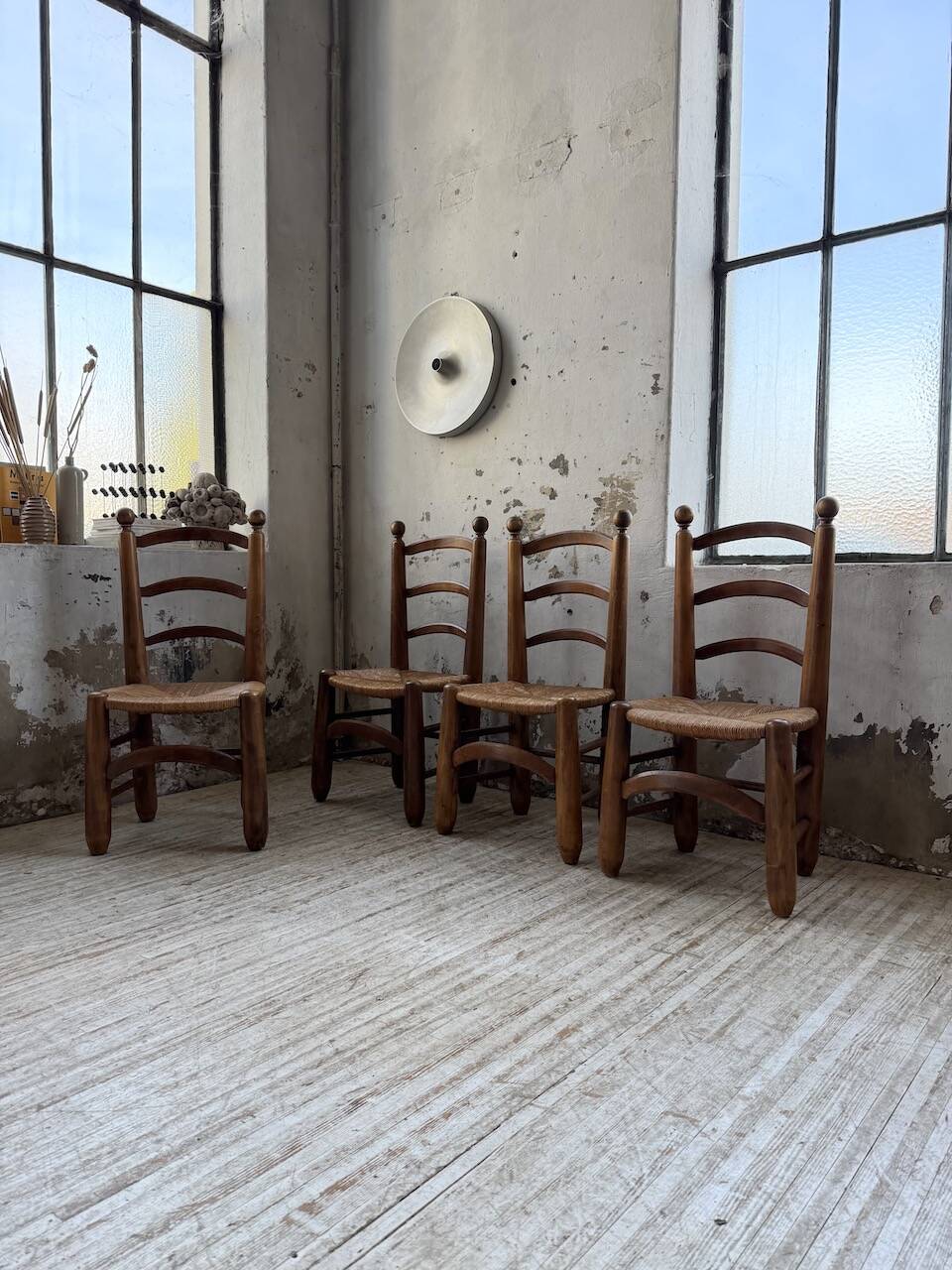 Set of 4 oak and straw chairs Dudouyt 1940