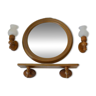 Large vintage wooden bathroom set / mirror with shelf / towel rack