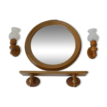 Large vintage wooden bathroom set / mirror with shelf / towel rack