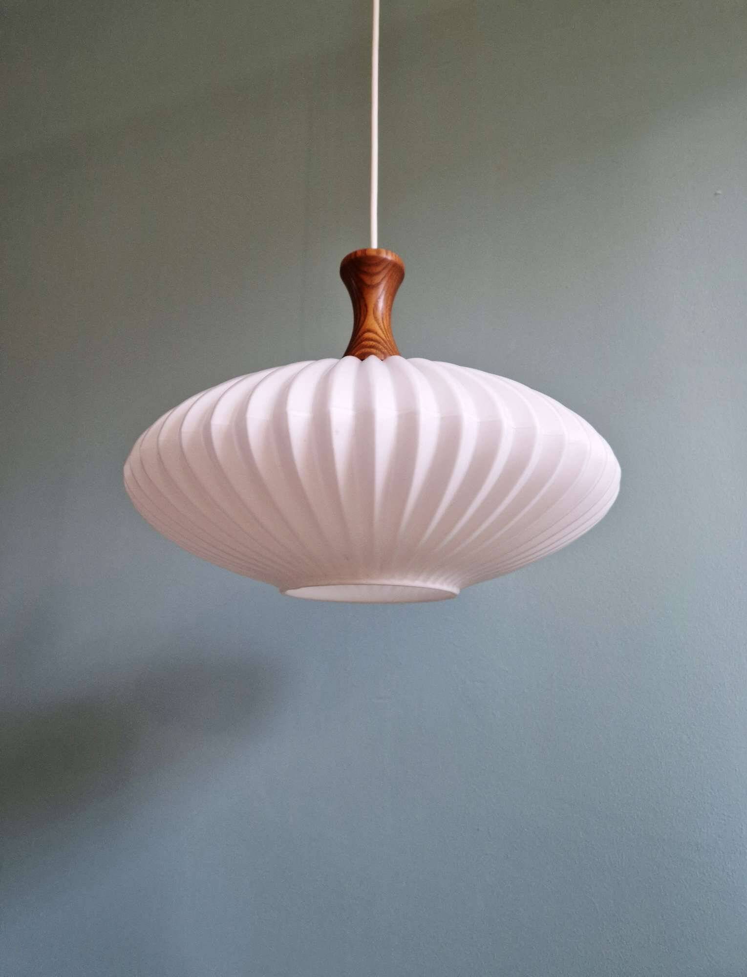 Teak and pleated white opaline suspension, Massive, 1960