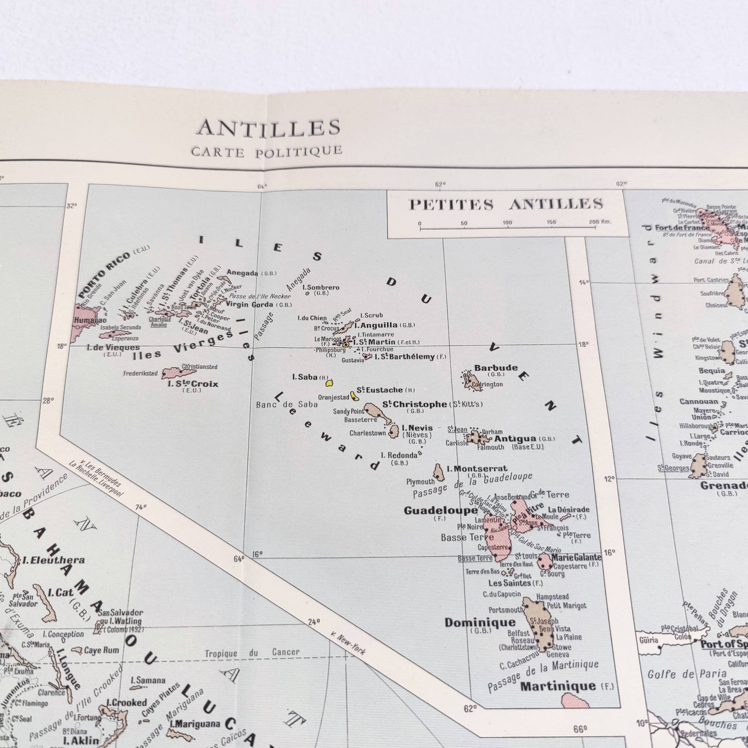 Map of the Antilles Caribbean Sea archipelago vintage from 1950