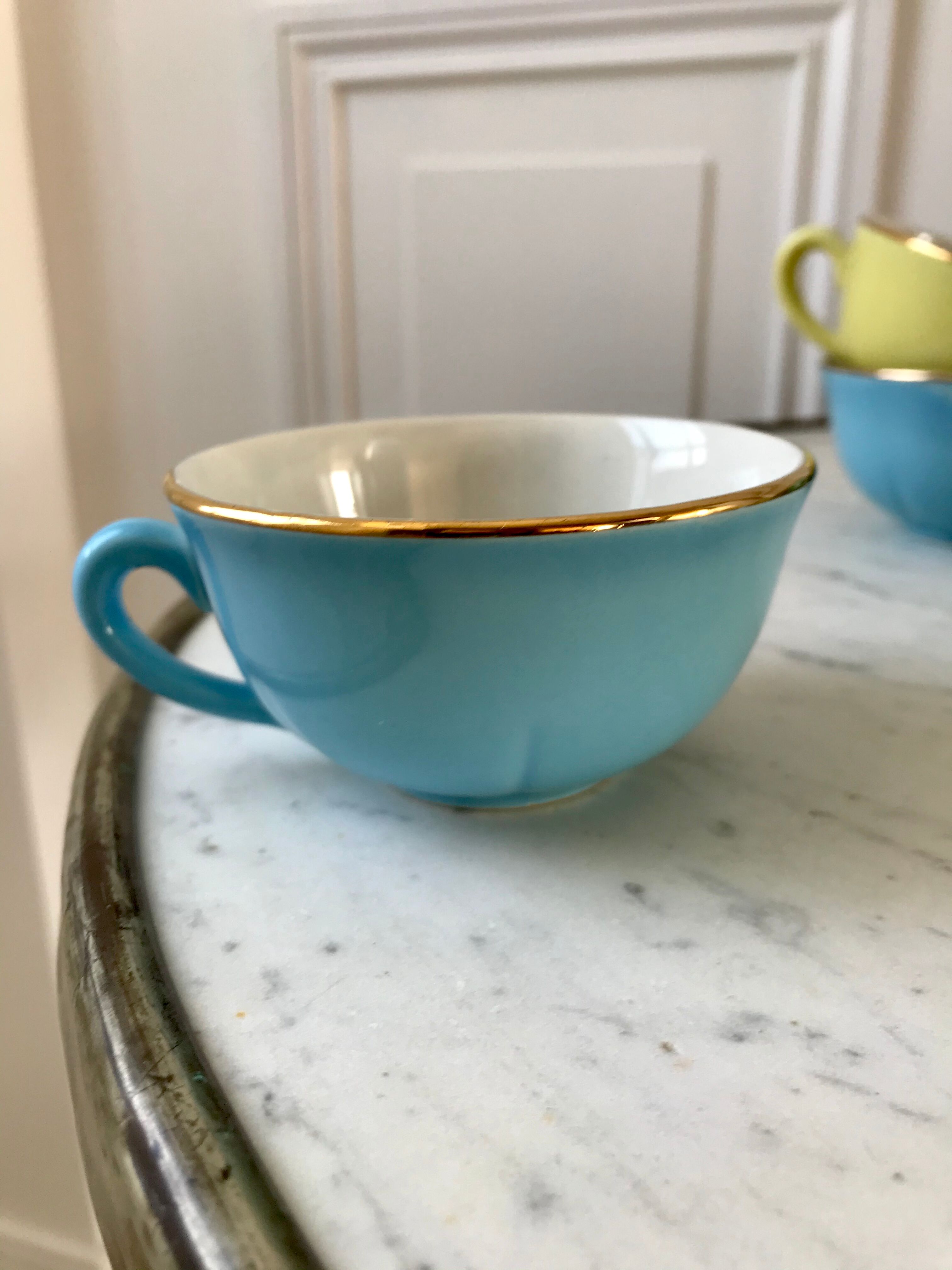 Set of 8 pastel colored cups Digoin Sarreguemines 50s