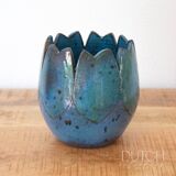 Pot de fleurs en céramique bleu avec motif tulipe, pièce de poterie d'atelier vintage