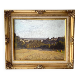 Huile sur panneau "paysage aux meules de foin" années 40, tableau ancien signé Leopoldo Santa Maria