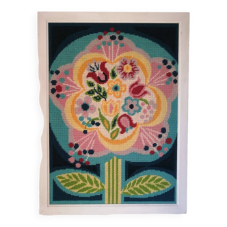 Grand canevas tapisserie Fleur vintage années 70.