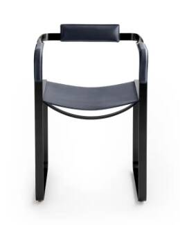 Armchair, smoked black steel and navy blue leather, contemporary style.