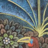 Painted canvas depicting a toucan on a stylized background. Contemporary.