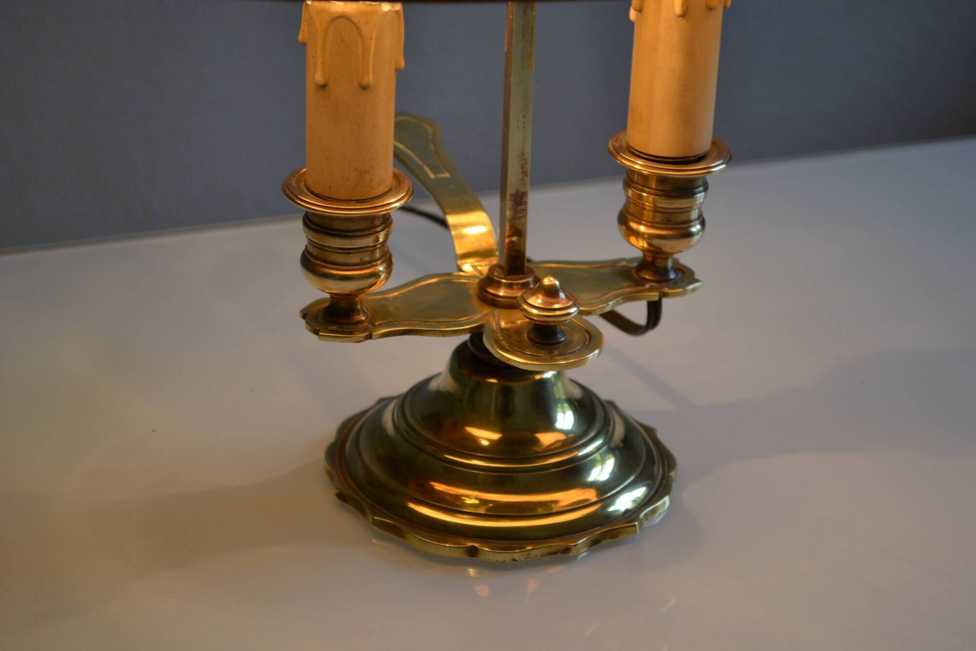 hot water bottle lamp with 2 bronze lights and burgundy sheet metal lampshade