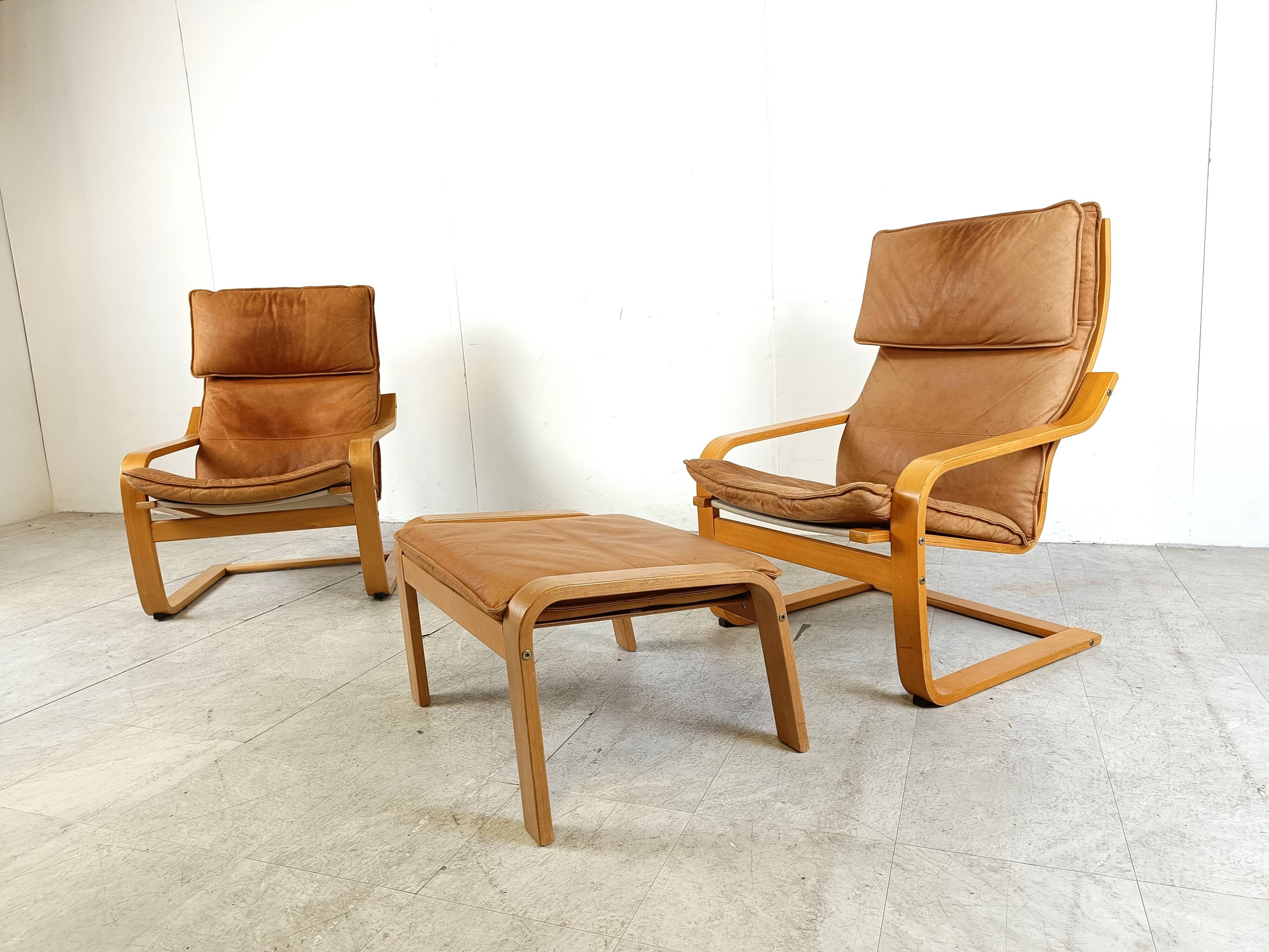 Leather Poäng Chairs & Footrest by Noboru Nakamura for IKEA, 1990s