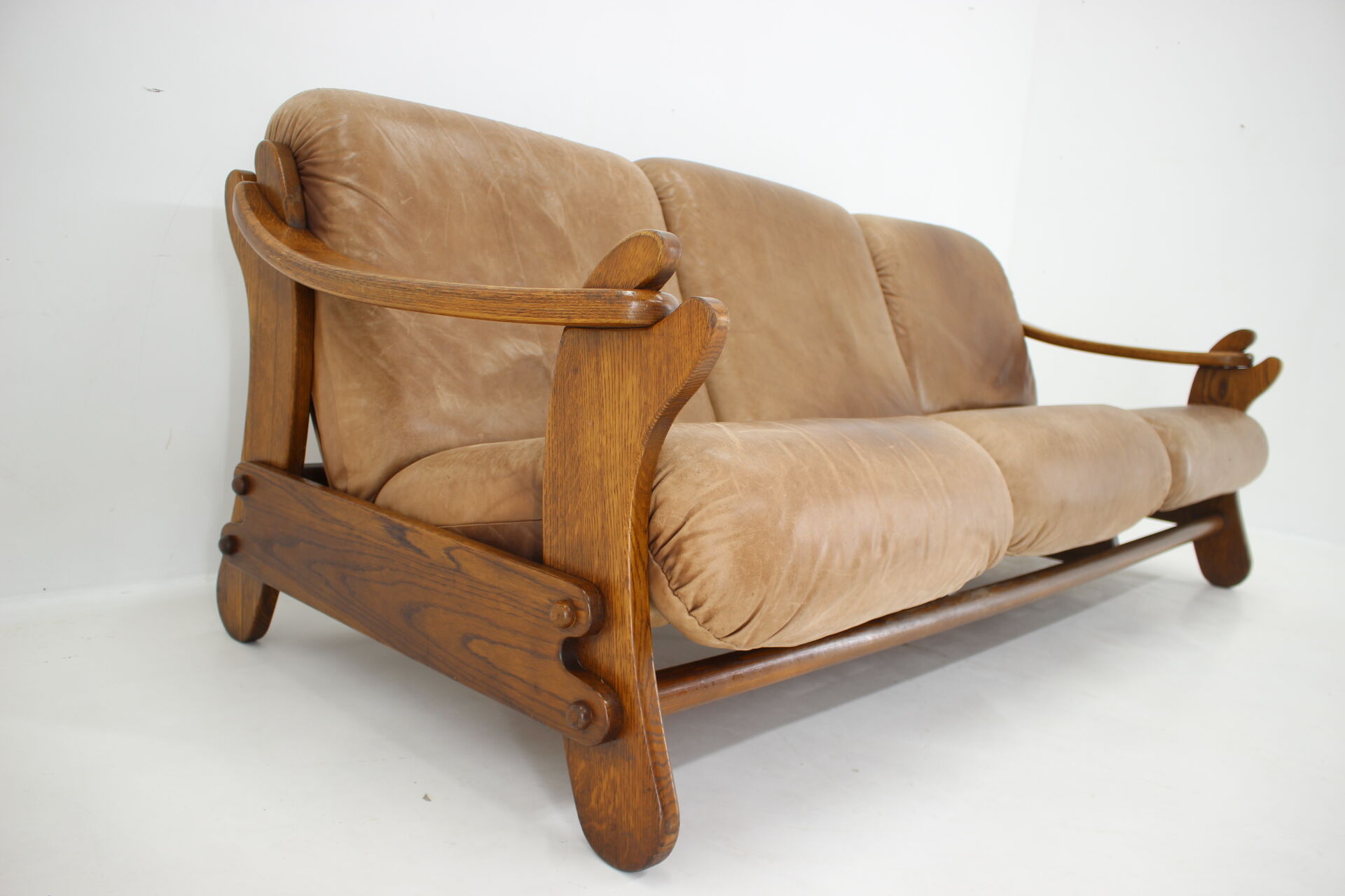 1970s Brutalist Dutch Oak and Leather 3 Seater Sofa