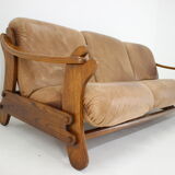 1970s Brutalist Dutch Oak and Leather 3 Seater Sofa