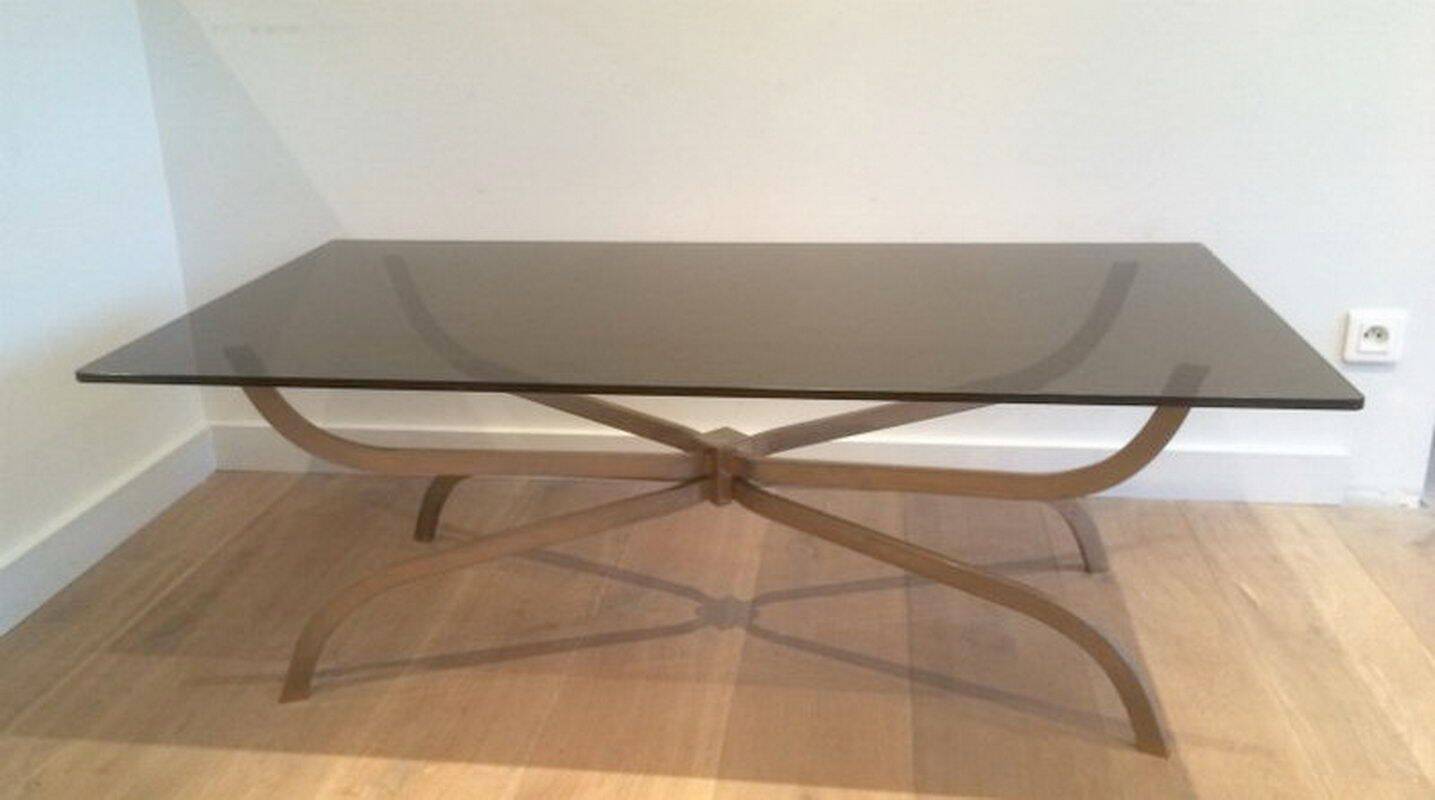 Coffee table in brushed steel and smoked glass top by Maison Charles