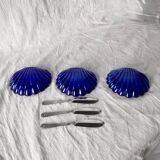 Set of 3 vintage shell butter dishes in stainless steel and cobalt blue glass