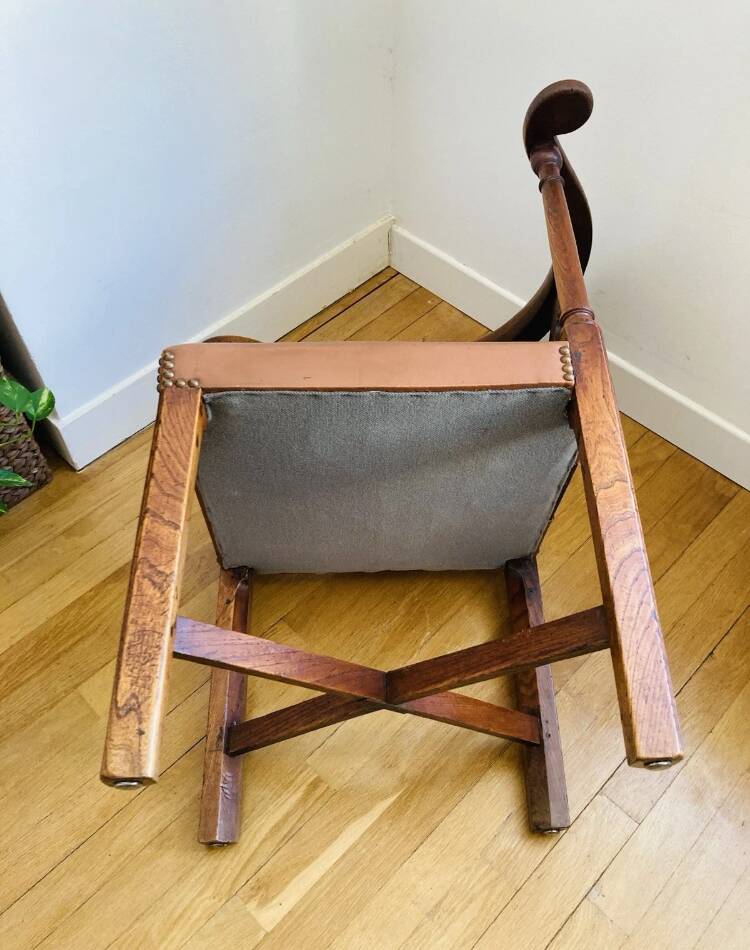 19th century corner armchair in solid pegged oak and imitation leather