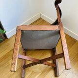 19th century corner armchair in solid pegged oak and imitation leather