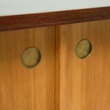 1950s low sideboard in ash, black formica surface. Professionally restored