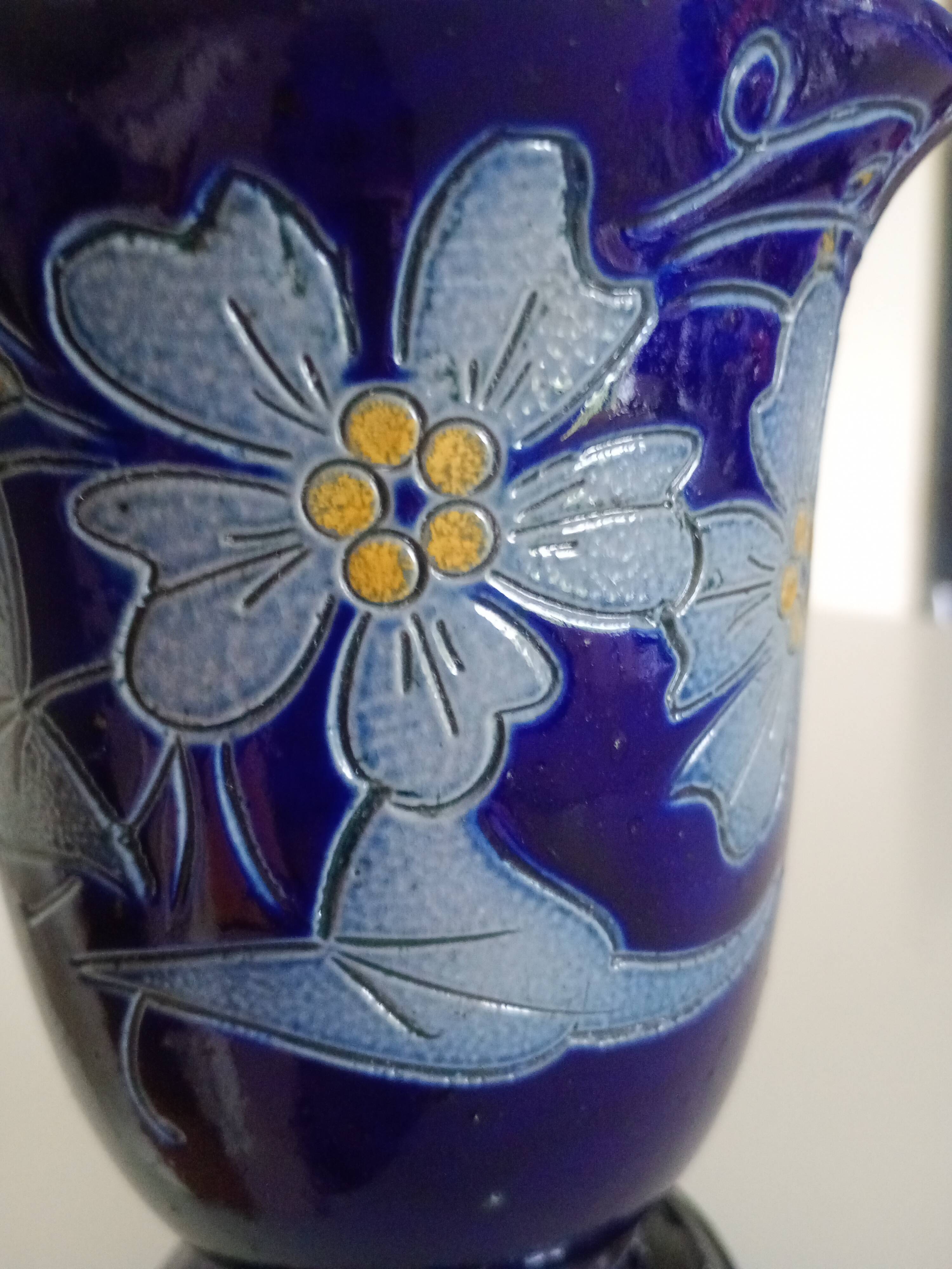 Betschdorf Schmitter Alsace stoneware, cobalt - Corolla vase with flowers
