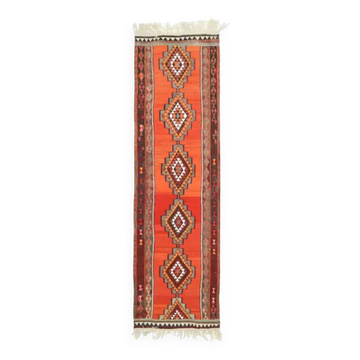 1970s Vintage Turkish Hand-Knotted Wool Cotton Orange Runner Rug 92x320