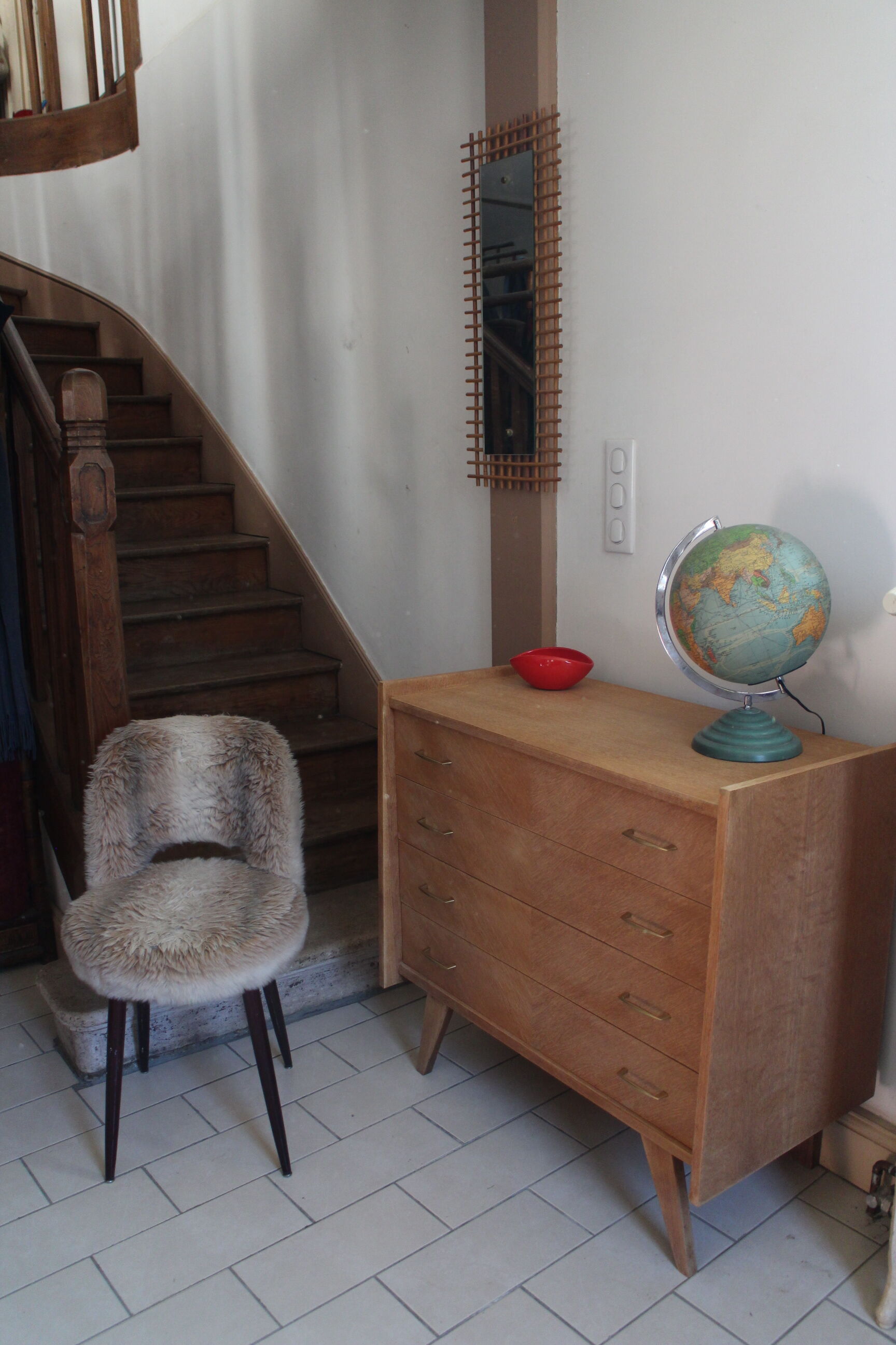 Chest of drawers with compass feet in raw wood