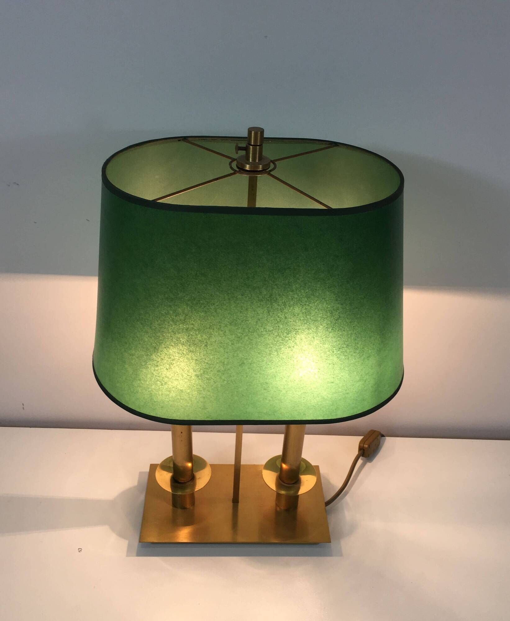 Pair of Two-Light Table Lamps in Brass with Green Shades. Work F
