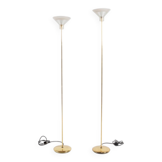 Pair of Italian golden floor lamps with glass shade, 1970’s