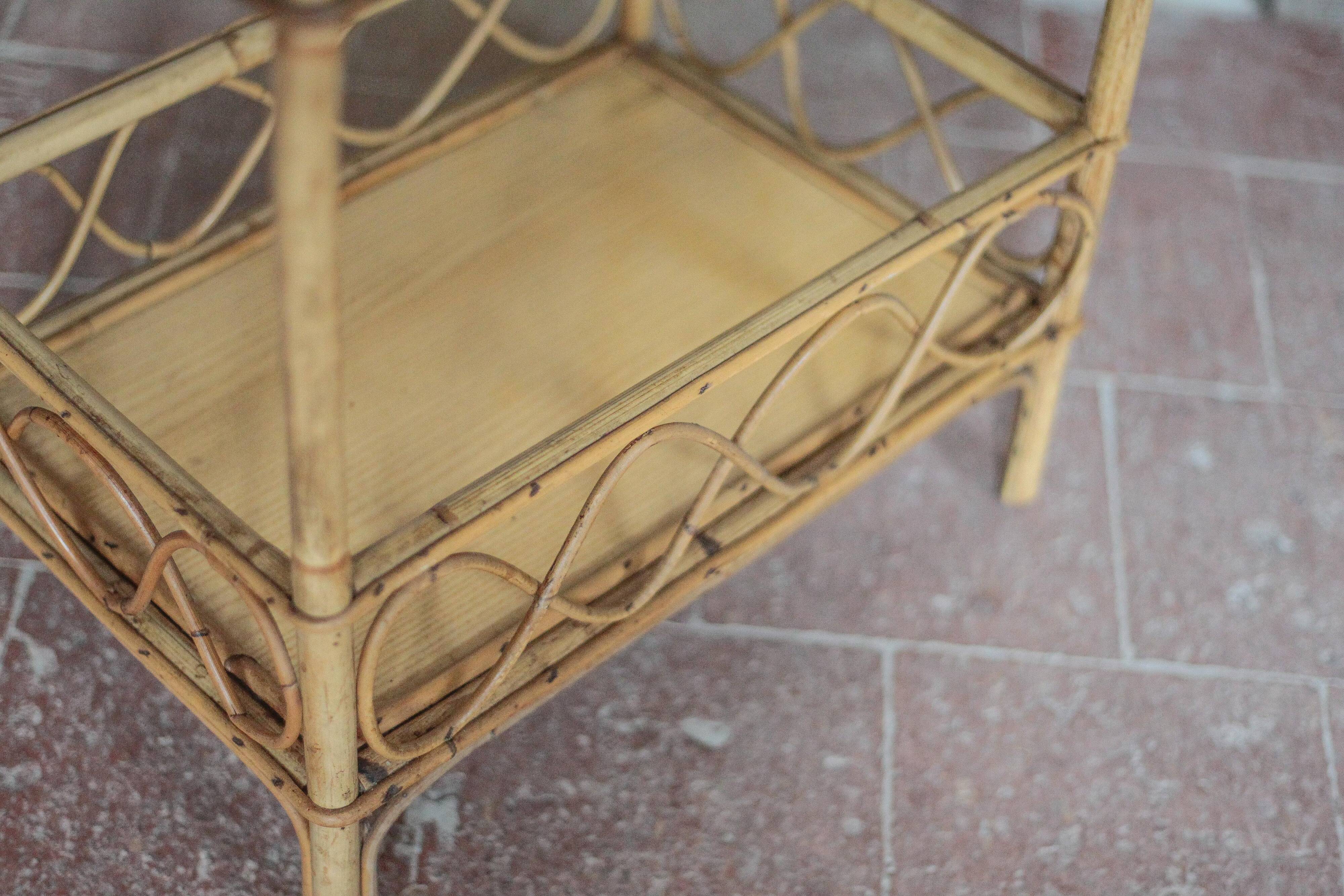 Vintage rattan serving table, two-tier side table.
