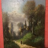 Pair Old Oil Table on Panel View River 19th Vintage Campaign