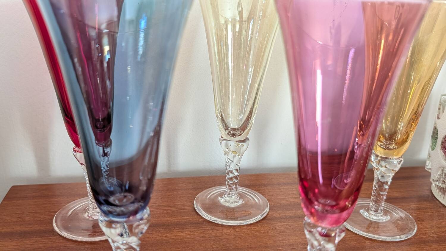 6 coloured glass champagne flutes from the 1950s