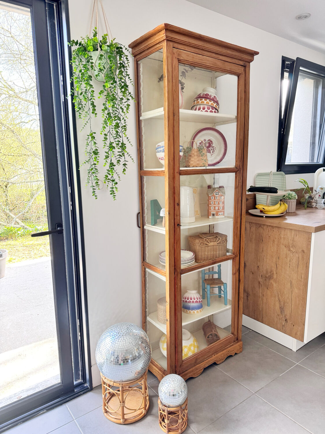 Antique display cabinet, small dresser, antique glass-fronted bookcase.