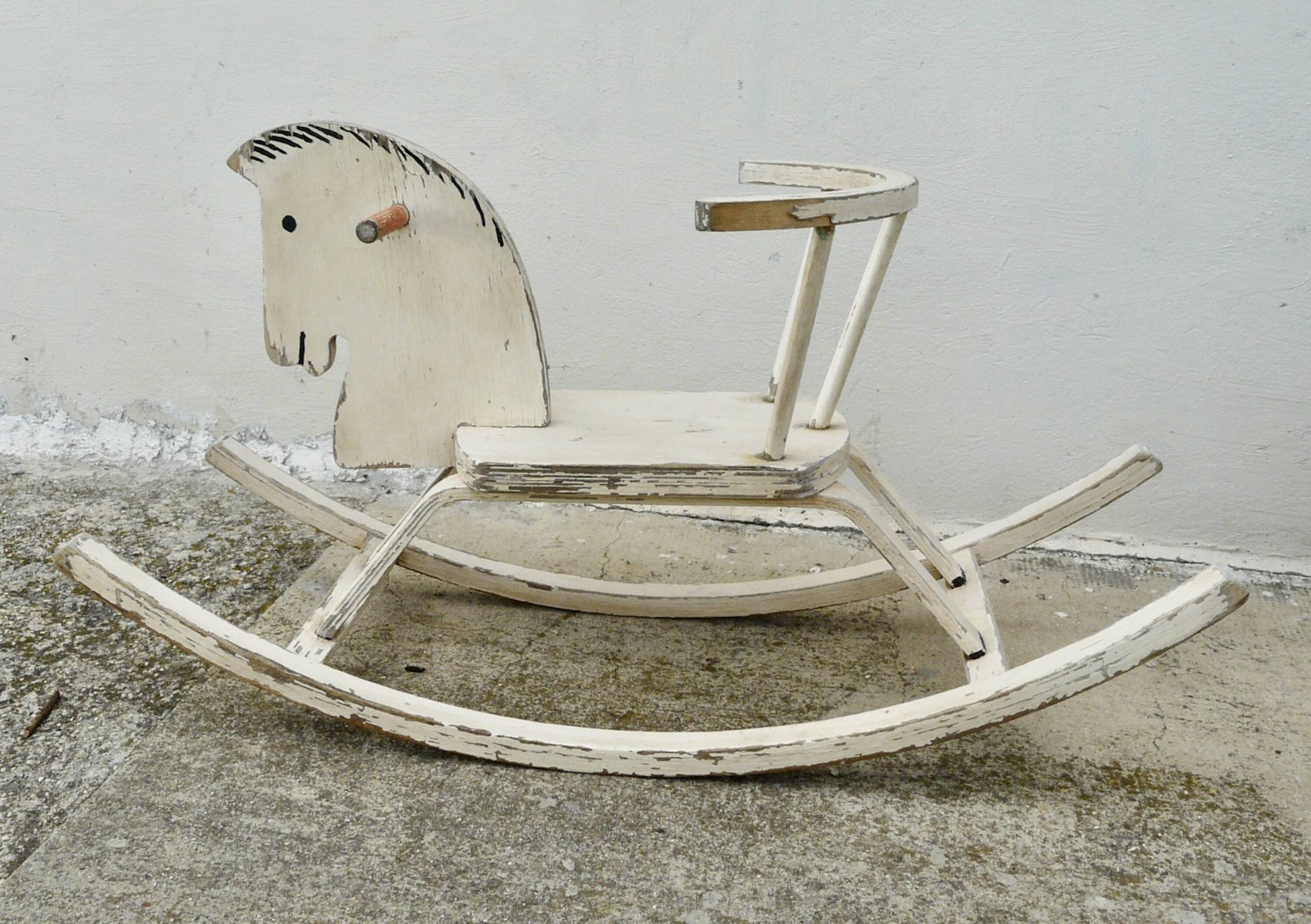 Vintage painted wooden rocking horse 1970