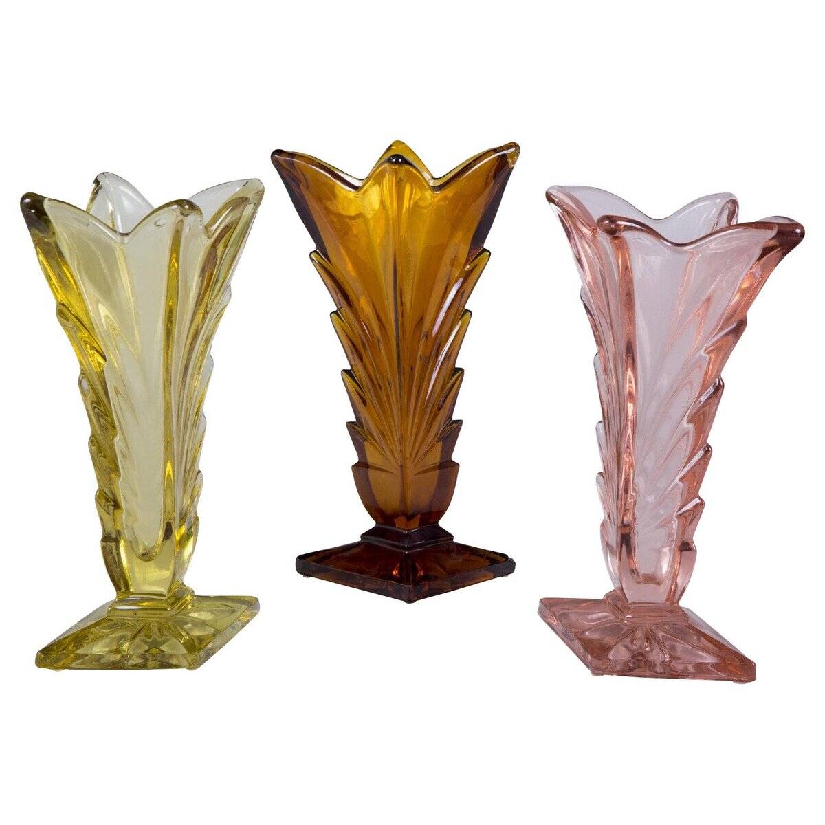 Art Deco Pink, Yellow and Orange Glass Vases, Bohemia, Set of 3