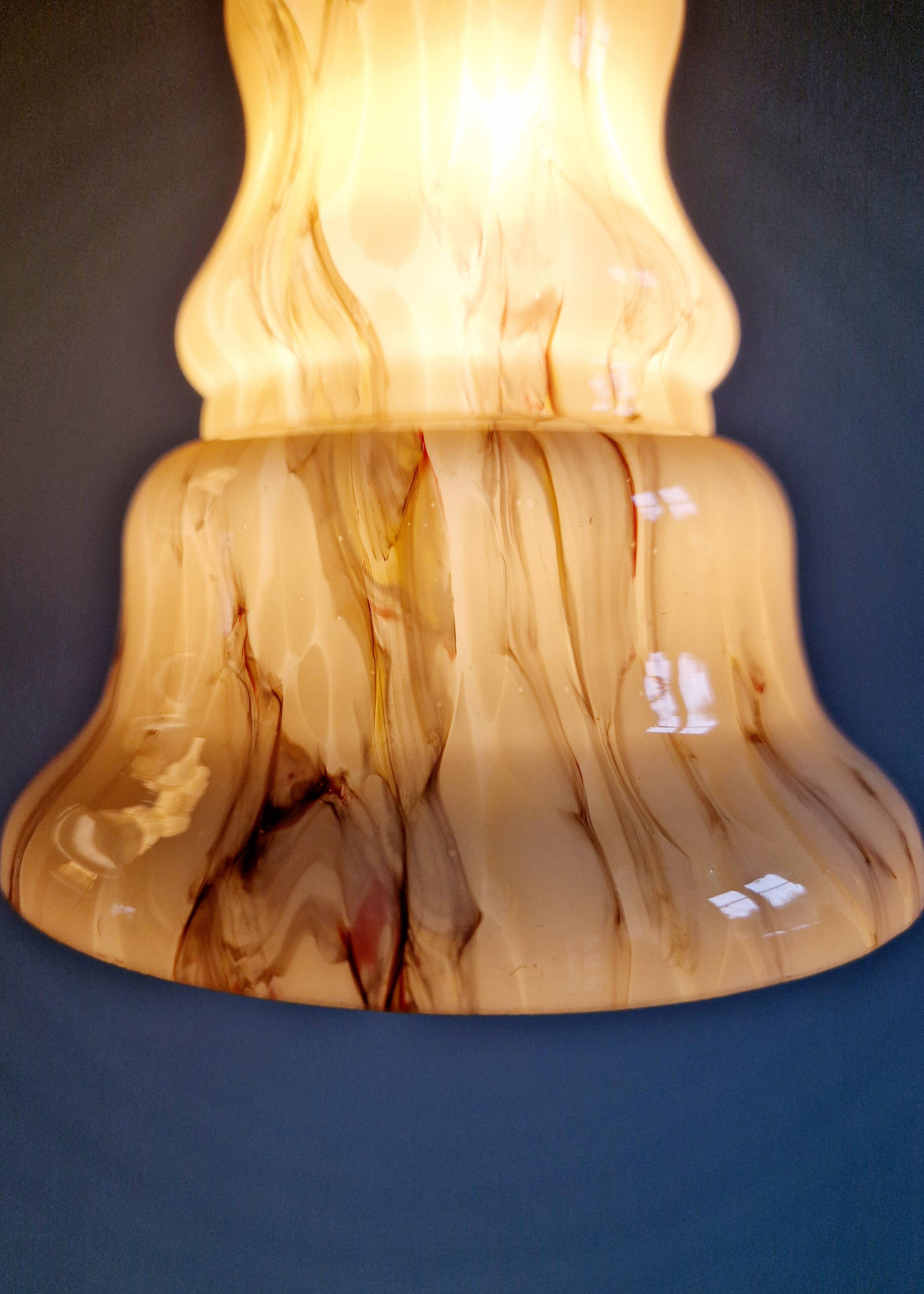 Set of 3 Art Deco marbled opaline pendant lights, 1920s-30s