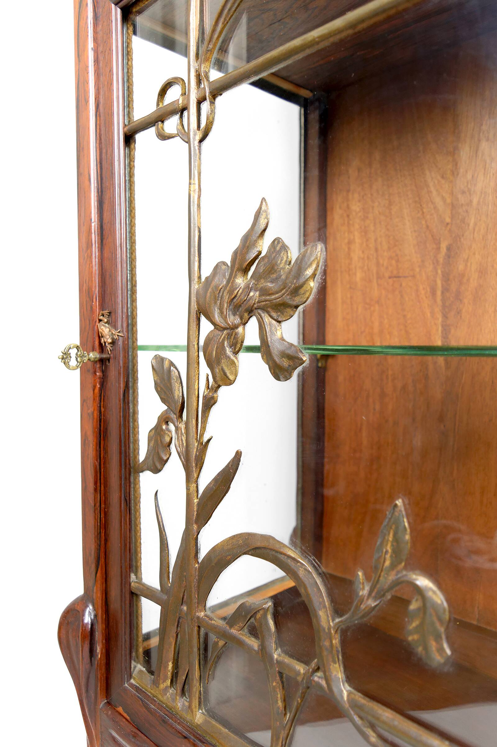 Art Nouveau Display Case, Bronzes and Carved Wood on a Lake Theme, 1900
